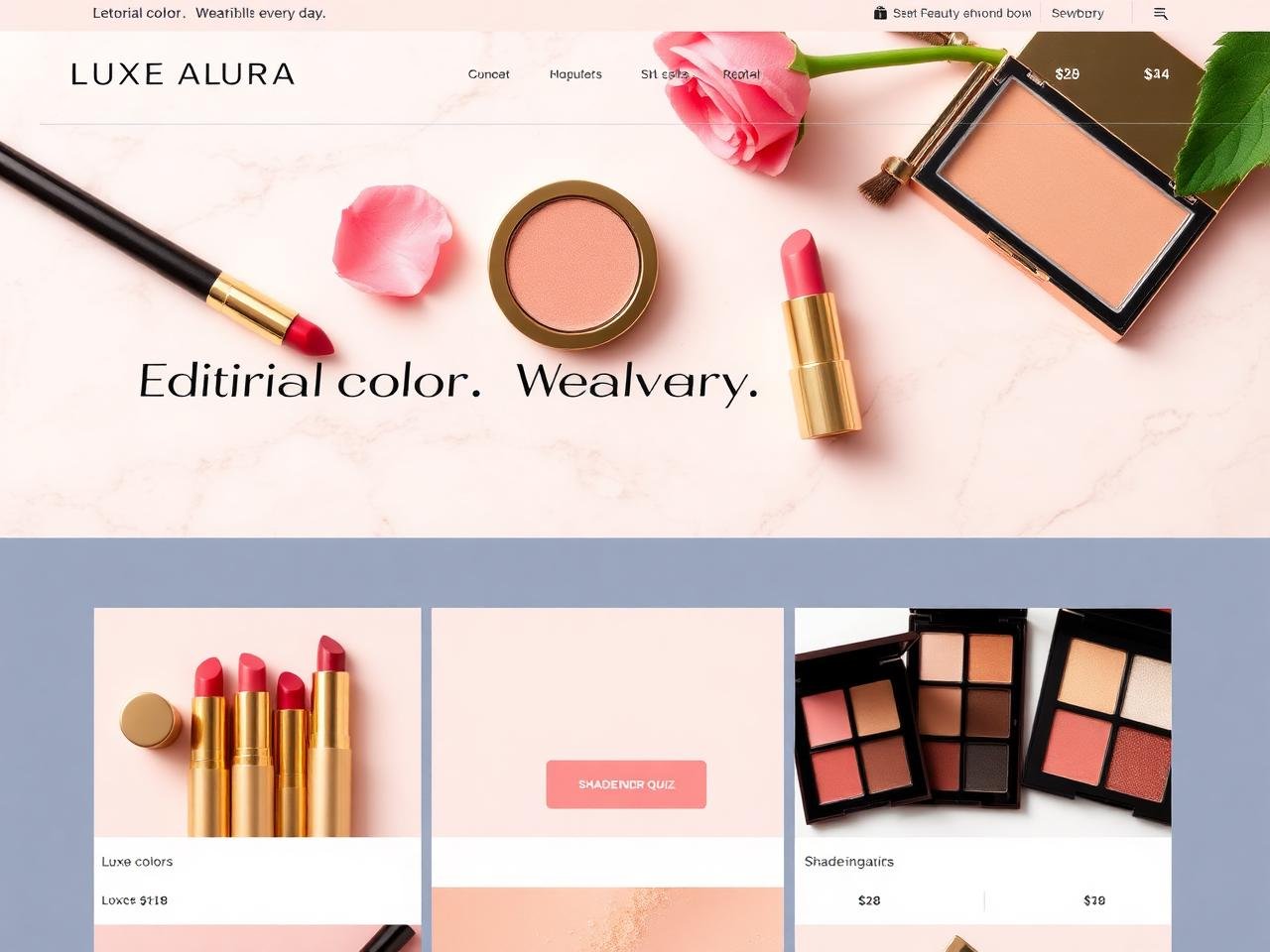 Luxe Aura Cosmetics — website mockup designed by Layus Techy
